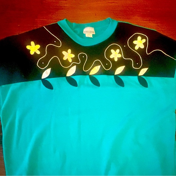 Vintage Sweater Turquoise Floral and Lace Detailing 80s New With Tags - Picture 1 of 8